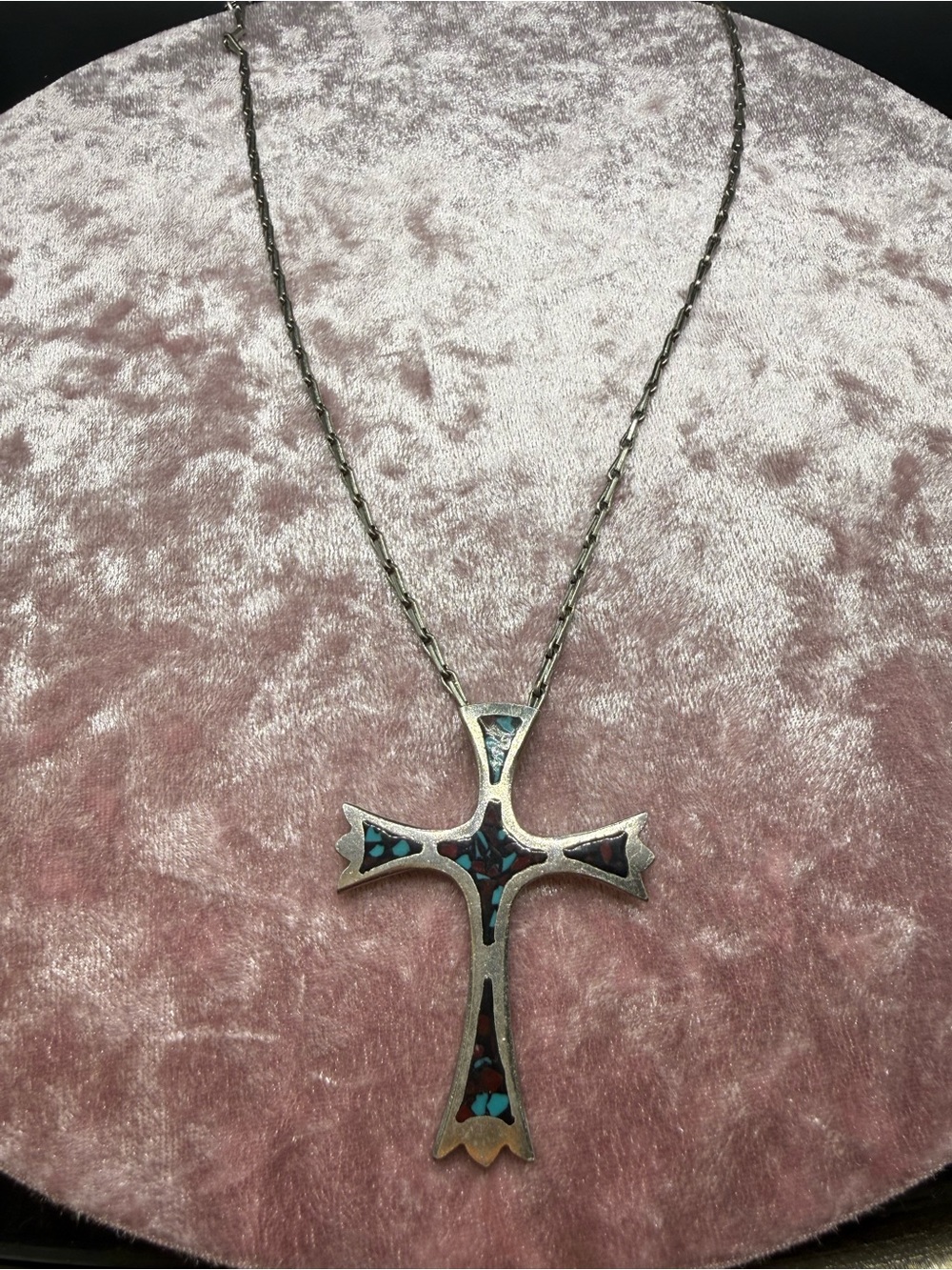 Southwestern Style Turquoise Coral Mosaic Cross Necklace